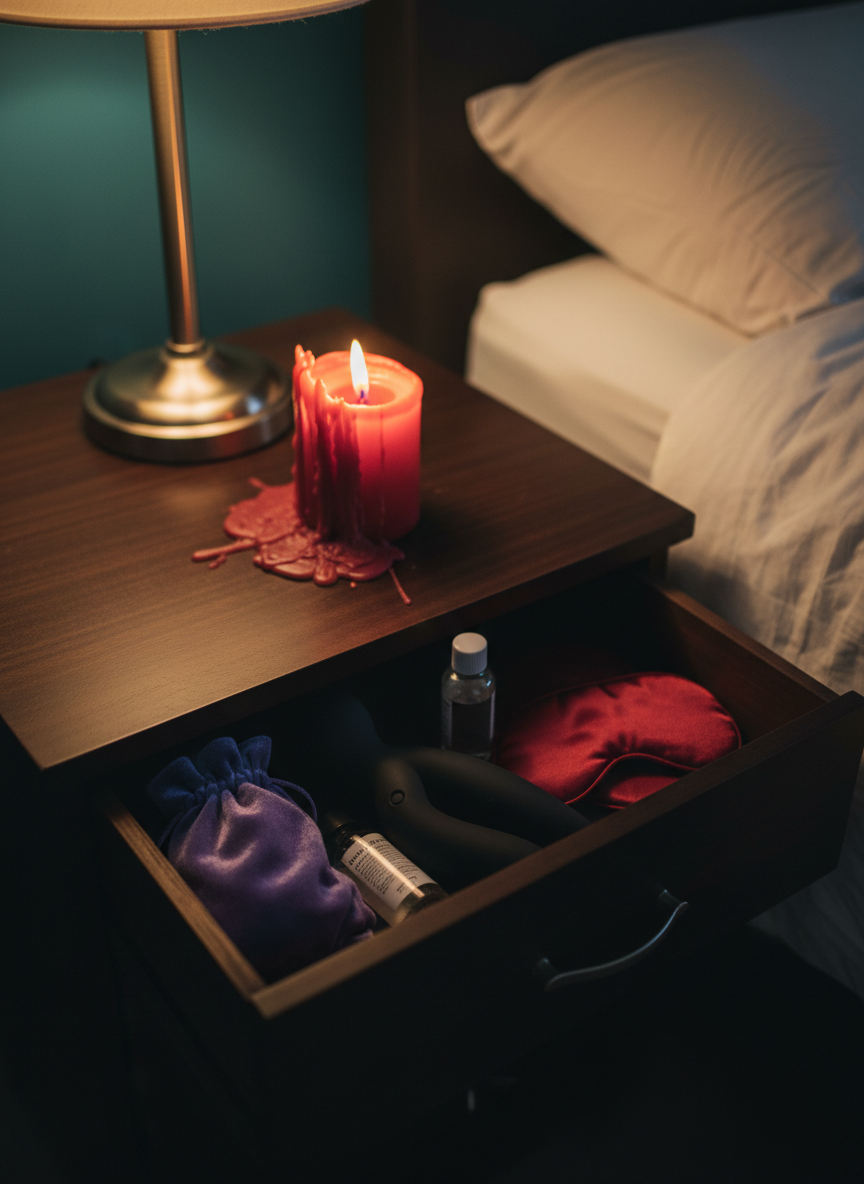 A photographic still life of a bedside drawer left partly open, revealing a discreet but unmistakable collection of adult items: a velvet pouch, a sleek matte-black silicone object, a small bottle of clear lubricant, and a folded silk eye mask. The drawer is part of a dark walnut nightstand against a deep teal wall, with a bold red candle burned halfway down on top, wax dripped over the edge. Warm lamplight from a shaded bedside lamp creates moody, intimate lighting, highlighting textures and casting dramatic shadows. Shot from a slightly elevated angle with the drawer contents in sharp focus and the surroundings gently blurred, the composition feels candid, unapologetic, and honest about private pleasure, without any people in frame.