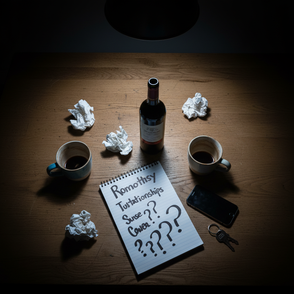 A photographic overhead image of a kitchen table after a late-night conversation about sex and relationships: a scarred oak tabletop scattered with two mismatched ceramic mugs stained with coffee rings, a half-empty bottle of red wine, crumpled paper napkins, and a spiral notebook filled with bold handwritten notes and question marks, the words just illegible enough to protect privacy. A smartphone lies face down beside a simple silver keychain. Soft, cool-toned light from an overhead pendant lamp pools on the center of the table, leaving the edges in shadow. The mood is candid, reflective, and slightly confrontational, capturing the unretouched reality of messy, necessary sex talk. Photographic realism with a natural, documentary feel.